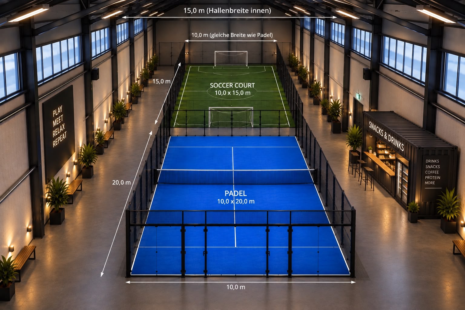 Visualisierung einer Halle mit blauem Padelcourt im Vordergrund und grünem Soccer-Court im Hintergrund, einschließlich eingezeichneter Maße